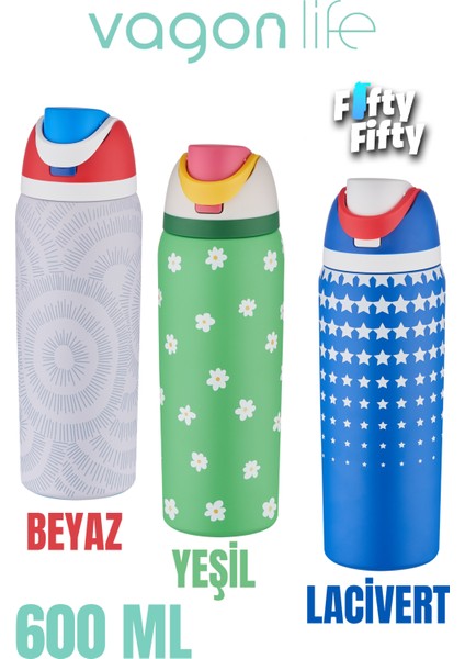 600 ml Tek Kapak Çift Kullanım Pipetli/pipetsiz Taşıma Kulplu Çelik Termos -FFVGN044ML600DESENLI