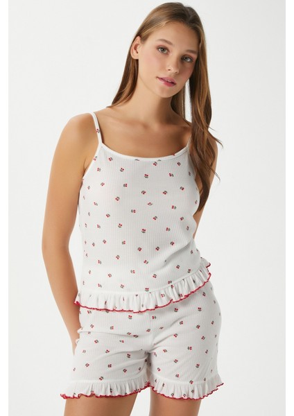 Kadın Paula Kiraz Desen Fırfır Şortlu Pijama Takımı