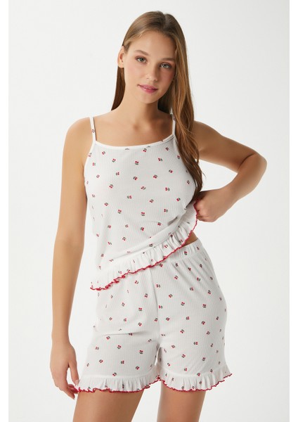 Kadın Paula Kiraz Desen Fırfır Şortlu Pijama Takımı