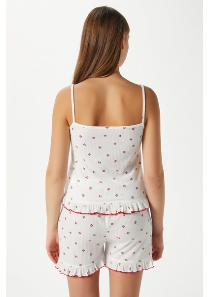 Kadın Paula Kiraz Desen Fırfır Şortlu Pijama Takımı