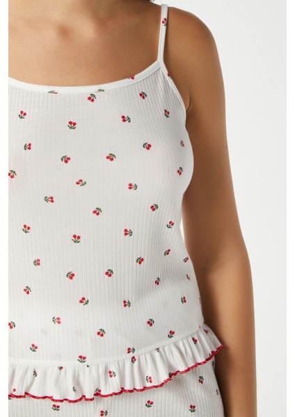 Kadın Paula Kiraz Desen Fırfır Şortlu Pijama Takımı