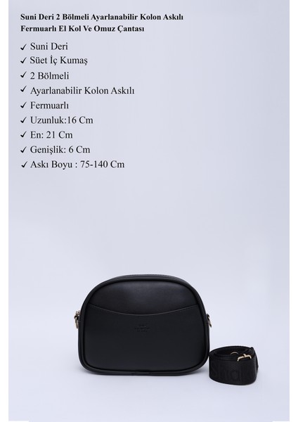 Siyah Shk194 Deri 2 Bölmeli Fermuarlı Ayarlanabilir Kolon Askılı Omuz Çantası U:16 E:21 G:6 Cm