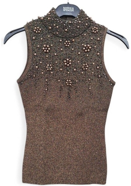 S / 36 Esnek Pamuklu Simli Boncuk Işlemeli Yarım Boğaz Kolsuz Şık Kahverengi Bluz