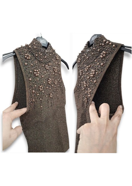 S / 36 Esnek Pamuklu Simli Boncuk Işlemeli Yarım Boğaz Kolsuz Şık Kahverengi Bluz fiyatları