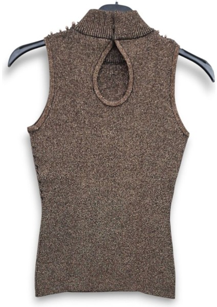 S / 36 Esnek Pamuklu Simli Boncuk Işlemeli Yarım Boğaz Kolsuz Şık Kahverengi Bluz modelleri