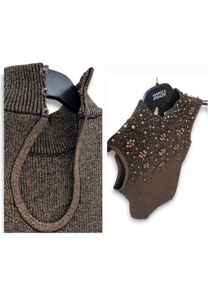 S / 36 Esnek Pamuklu Simli Boncuk Işlemeli Yarım Boğaz Kolsuz Şık Kahverengi Bluz fırsatları