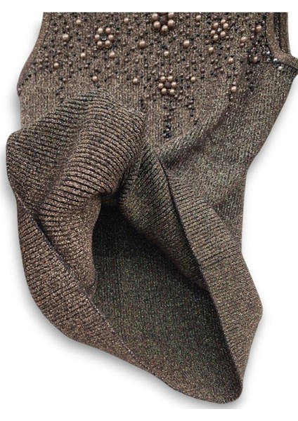 S / 36 Esnek Pamuklu Simli Boncuk Işlemeli Yarım Boğaz Kolsuz Şık Kahverengi Bluz indirimleri