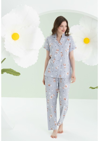 Önden Düğmeli Ayıcık Baskılı Pijama Takım