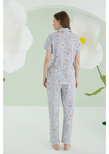 Önden Düğmeli Ayıcık Baskılı Pijama Takım