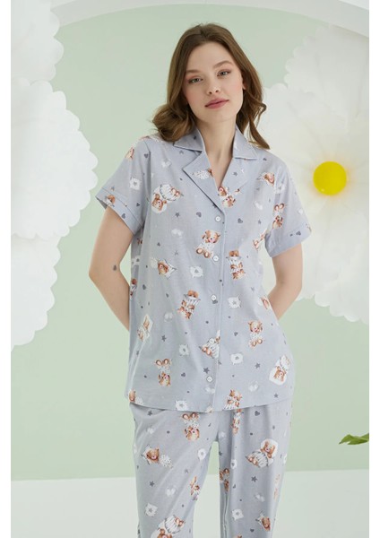 Önden Düğmeli Ayıcık Baskılı Pijama Takım