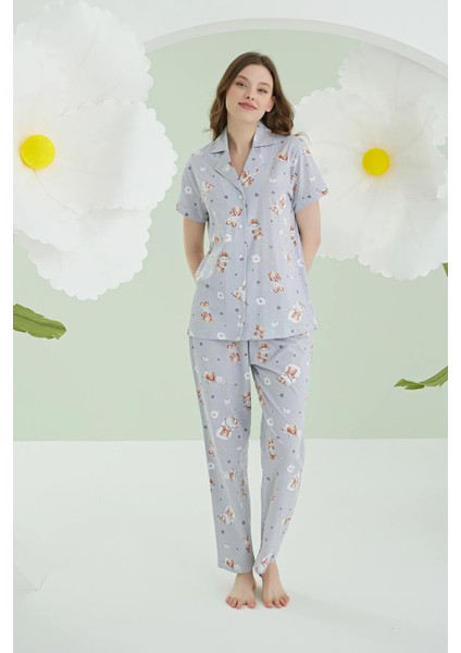 Önden Düğmeli Ayıcık Baskılı Pijama Takım