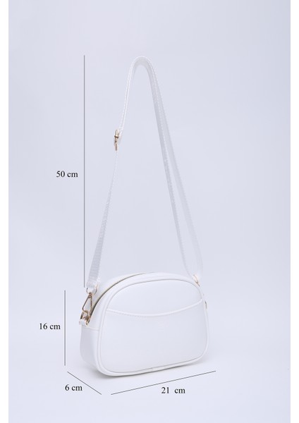 Beyaz Shk194 Deri 2 Bölmeli Fermuarlı Ayarlanabilir Kolon Askılı Omuz Çantası U:16 E:21 G:6 Cm