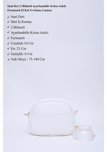 Beyaz Shk194 Deri 2 Bölmeli Fermuarlı Ayarlanabilir Kolon Askılı Omuz Çantası U:16 E:21 G:6 Cm