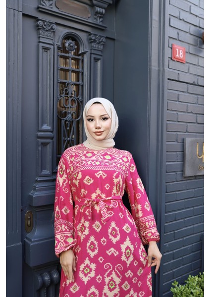 Kadın Pembe %100 Viskon Pamuklu Belden Kuşaklı-Etnik Desen Bol Kesim Tesettür Elbise E477 modelleri