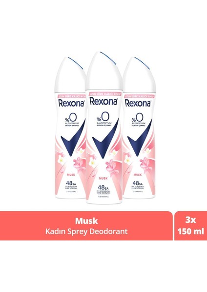 Kadın Sprey Deodorant Musk %0 Alüminyum 48 Saat Ter Kokusuna Karşı Koruma 150 ml X3