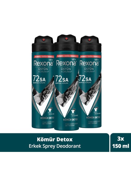 Men Erkek Sprey Deodorant Kömür Detox 3x150 ml