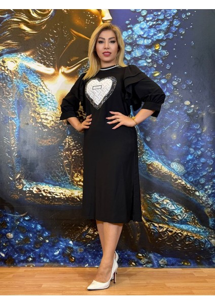 Elbise,krep Kumaş,günlük,yarasa Kol,kalp Tasarımı,siyah,yüksek Kalite,yırtmaçlı fiyatları