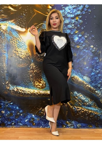 Elbise,krep Kumaş,günlük,yarasa Kol,kalp Tasarımı,siyah,yüksek Kalite,yırtmaçlı indirimleri