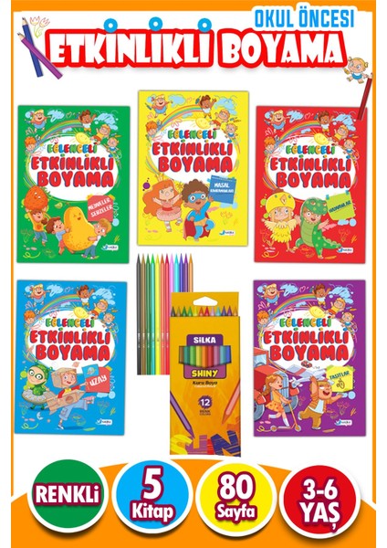 12'li Kuru Boya ve Eğlenceli Etkinlikli Boyama Seti - 80 Sayfa - 5 Kitap