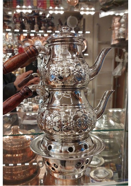 El Yapımı Çiçek Desenli Bakır Çaydanlık, Osmanlı Tarzı, 1,6 L, Gümüş Renk