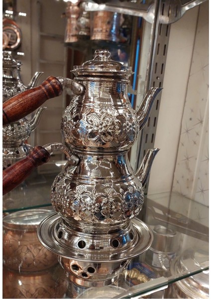 El Yapımı Çiçek Desenli Bakır Çaydanlık, Osmanlı Tarzı, 1,6 L, Gümüş Renk modelleri