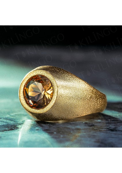 925 Ayar Gümüş Altın Kaplama Yuvarlak Zultanit Taşlı Sade Erkek Yüzük