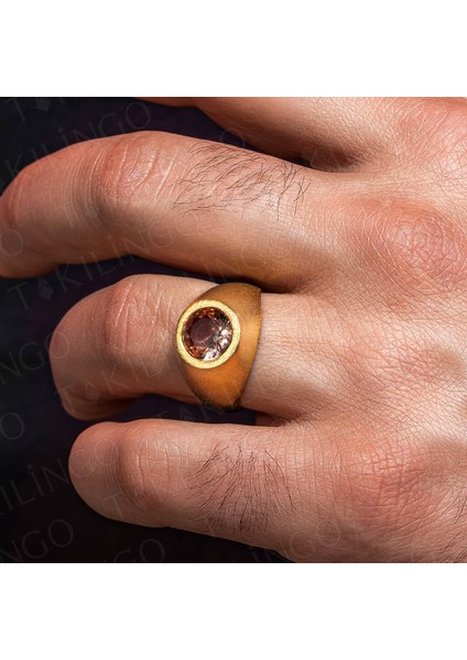 925 Ayar Gümüş Altın Kaplama Yuvarlak Zultanit Taşlı Sade Erkek Yüzük modelleri