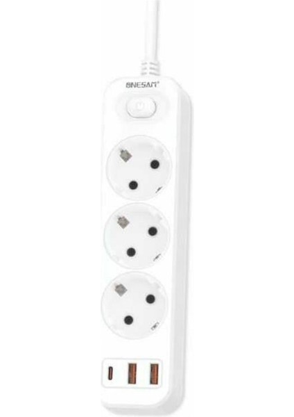 3'lü Akım Korumalı Priz | USB + Type-C Çıkışlı Çoklu Şarj Ünitesi