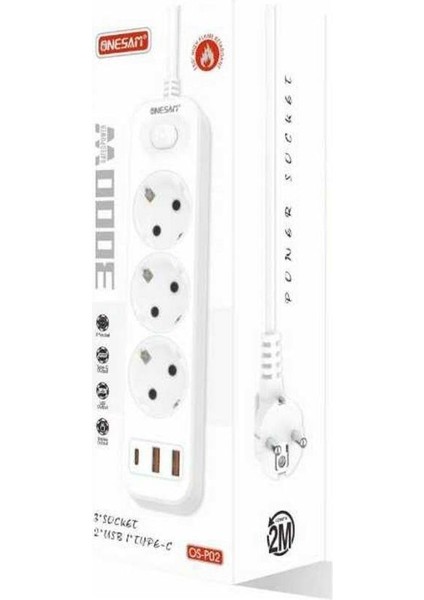 2 USB Girişli 3'lü Priz Çoklu Akım Koruma Anahtarlı Priz Grup Priz Uzatma Kablosu