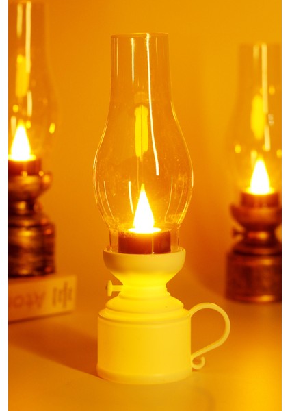 LED Mum Vintage Retro Gaz Lambası Tip Dumansız Pilli Alevli Dekoratif Yapay Mum Işıldak Beyaz 1037-5