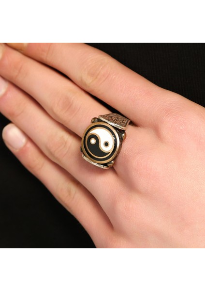 925 Ayar Gümüş ve Bronz Karışımı Ying Yang Denge Modeli Erkek Yüzüğü