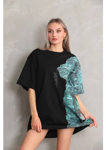 Bisiklet Yaka Baskılı Oversize T-Shirt - Siyah