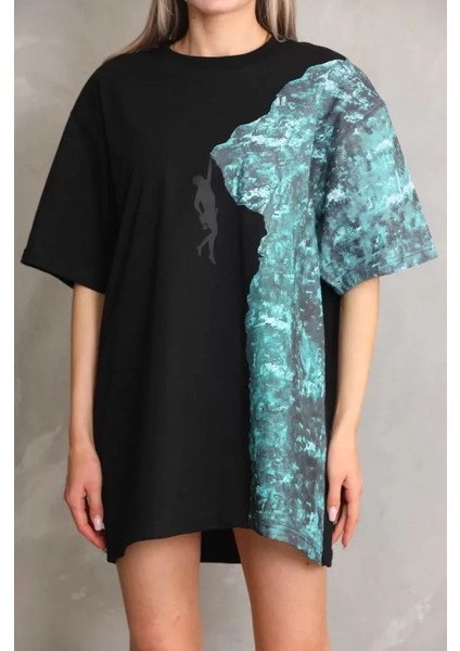 Bisiklet Yaka Baskılı Oversize T-Shirt - Siyah