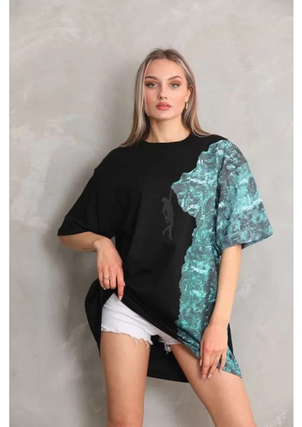 Bisiklet Yaka Baskılı Oversize T-Shirt - Siyah