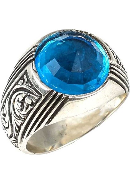 925 Ayar Gümüş Yuvarlak Işlemeli Kollu Akuamarin Taşlı Erkek Yüzük
