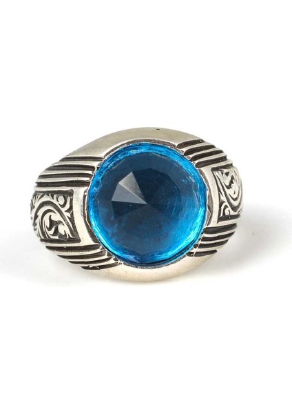 925 Ayar Gümüş Yuvarlak Işlemeli Kollu Akuamarin Taşlı Erkek Yüzük fırsatları