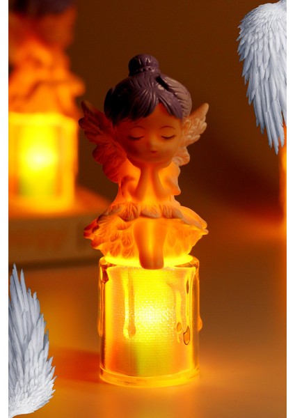 LED Mum Kanatlı Melek Tip Dumansız Pilli Alevli Dekoratif Yapay Mum Işıldak Mor 1037-7