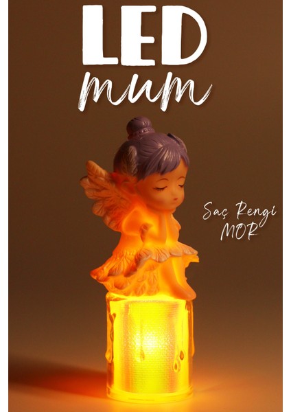 LED Mum Kanatlı Melek Tip Dumansız Pilli Alevli Dekoratif Yapay Mum Işıldak Mor 1037-7