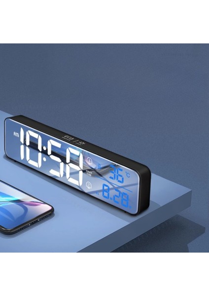 LED Ekranlı Aynalı Masa Saati Sıcaklık Tarih Alarmlı Şarjlı Dijital Elektronik Saat