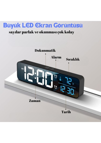 LED Ekranlı Aynalı Masa Saati Sıcaklık Tarih Alarmlı Şarjlı Dijital Elektronik Saat indirimleri