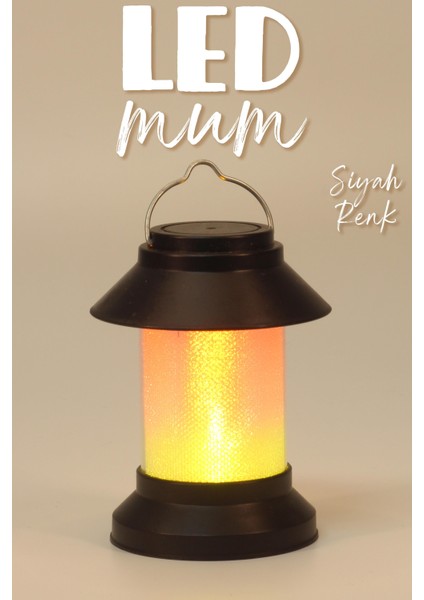 LED Mum Sokak Lambası Tip Kulplu Dumansız Pilli Alevli Dekoratif Yapay Mum Işıldak Siyah 1036-9