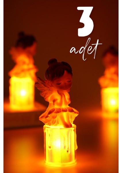 3lü LED Mum Kanatlı Melek Tip Dumansız Pilli Alevli Dekoratif Yapay Mum Işıldak Mor 1037-7