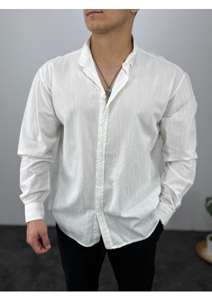 Dökümlü Oversize Keten Görünümlü Erkek Gömlek