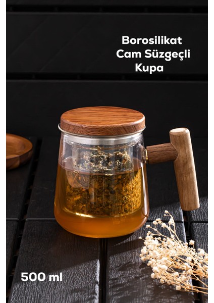 17564 Herby Borosilikat Cam Süzgeçli Kupa Bitki Çayı Demliği 500 ml