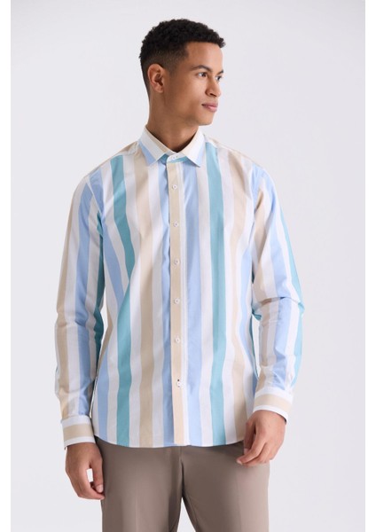 Bej Slim Fit Yaka Düğmeli Gömlek