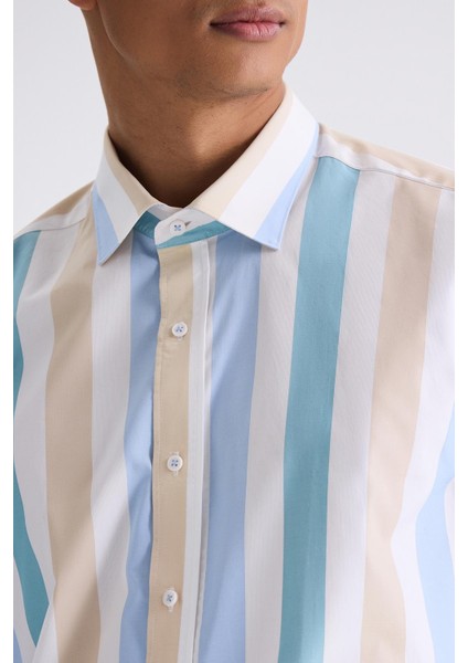 Bej Slim Fit Yaka Düğmeli Gömlek modelleri