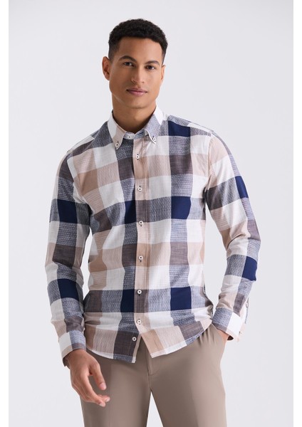 Kahve Slim Fit Kareli Erkek Gömlek