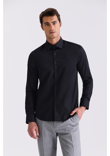 Siyah Slim Fit Basic Düğmeli %100 Pamuk Gömlek
