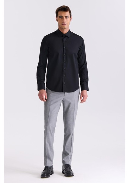 Siyah Slim Fit Basic Düğmeli %100 Pamuk Gömlek