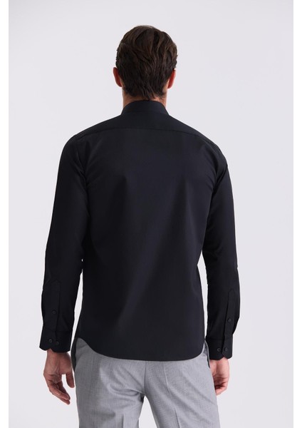 Siyah Slim Fit Basic Düğmeli %100 Pamuk Gömlek